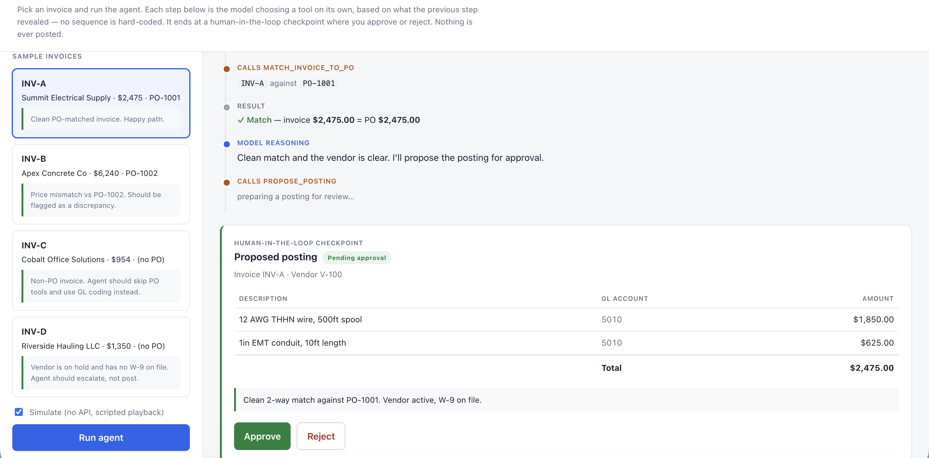 AP Invoice Agent decision trace: the agent matches an invoice to its purchase order and proposes a posting with a GL line table totaling $2,475.00, pending human approval