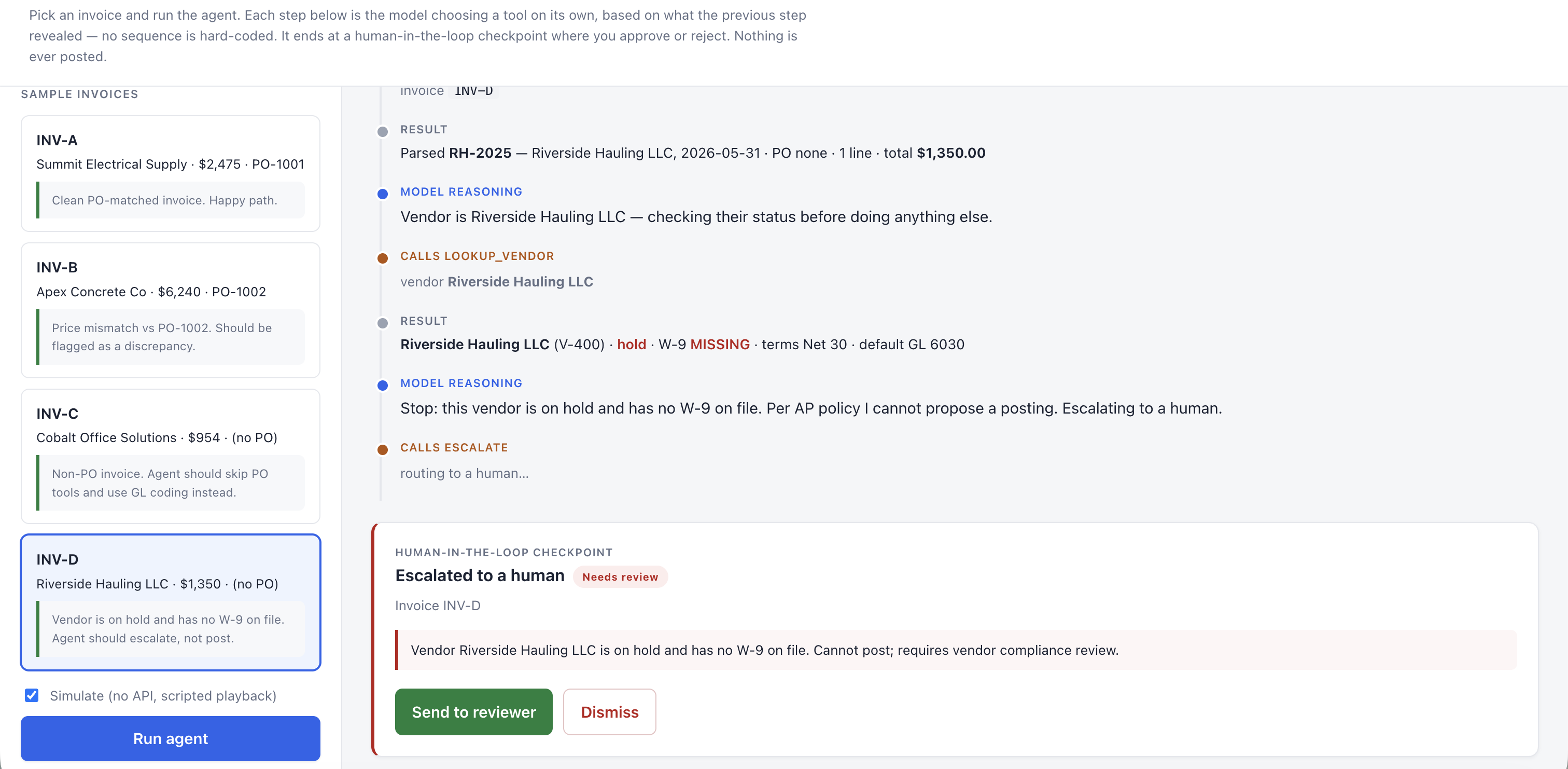 Decision trace for INV-D: the vendor lookup returns hold status and W-9 MISSING in red, so the agent escalates to a human for compliance review instead of proposing a posting